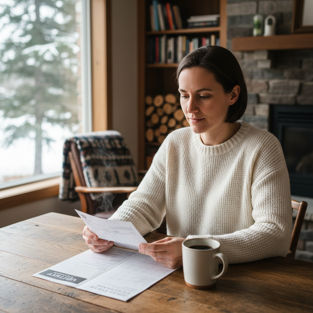 A Canadian homeowner reviewing a bill and calendar at the kitchen table while considering car loan payment hardship options