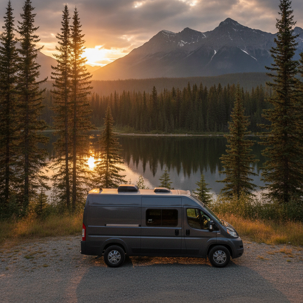 Modern camper van parked at a Canadian lakeside pullout in the Rockies foothills at golden hour