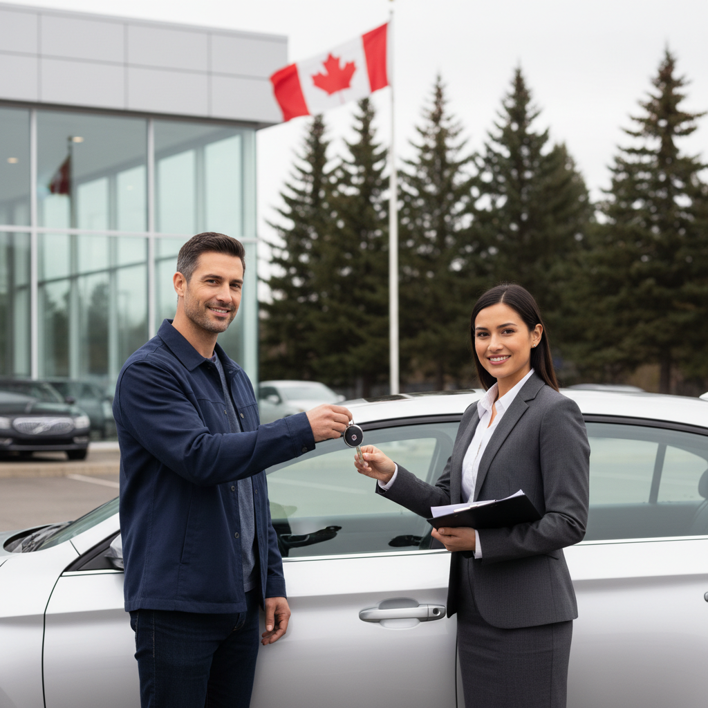 Driver receiving car keys from a finance manager after finalizing lease buyout paperwork at a Canadian dealership