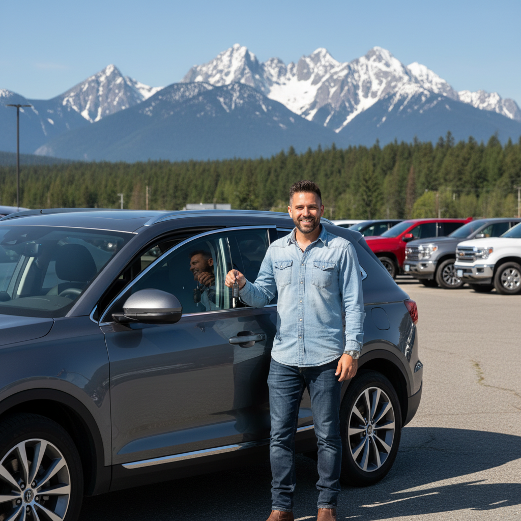 Man picking up his newly financed SUV at a Prince George, BC car dealership with northern BC mountains and evergreen forest in the background