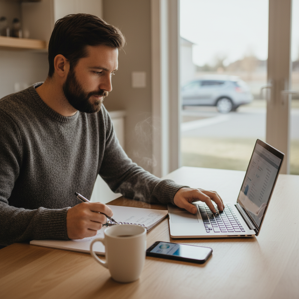Man at kitchen table reviewing a car loan offer on a laptop with a phone nearby