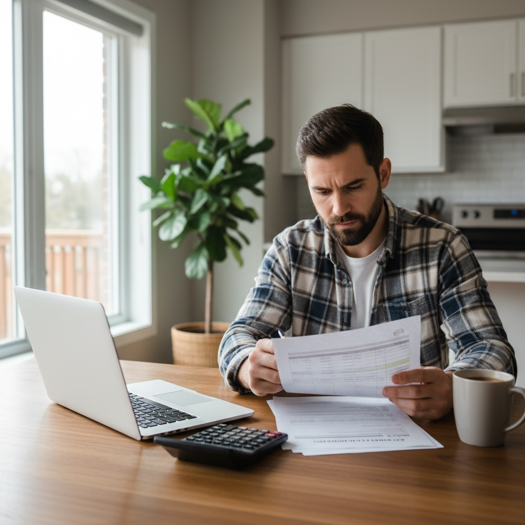 Person at a kitchen table reviewing a car loan amortization schedule and calculator to check refinancing savings