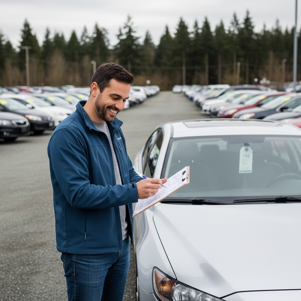 Man reviewing car loan paperwork next to a vehicle on a Surrey, BC used car dealership lot