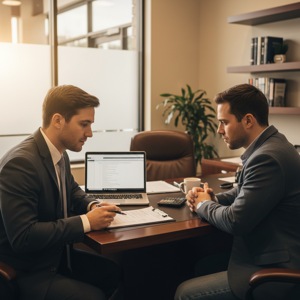 Car dealership finance manager reviewing optional add-on products with a customer in Canada