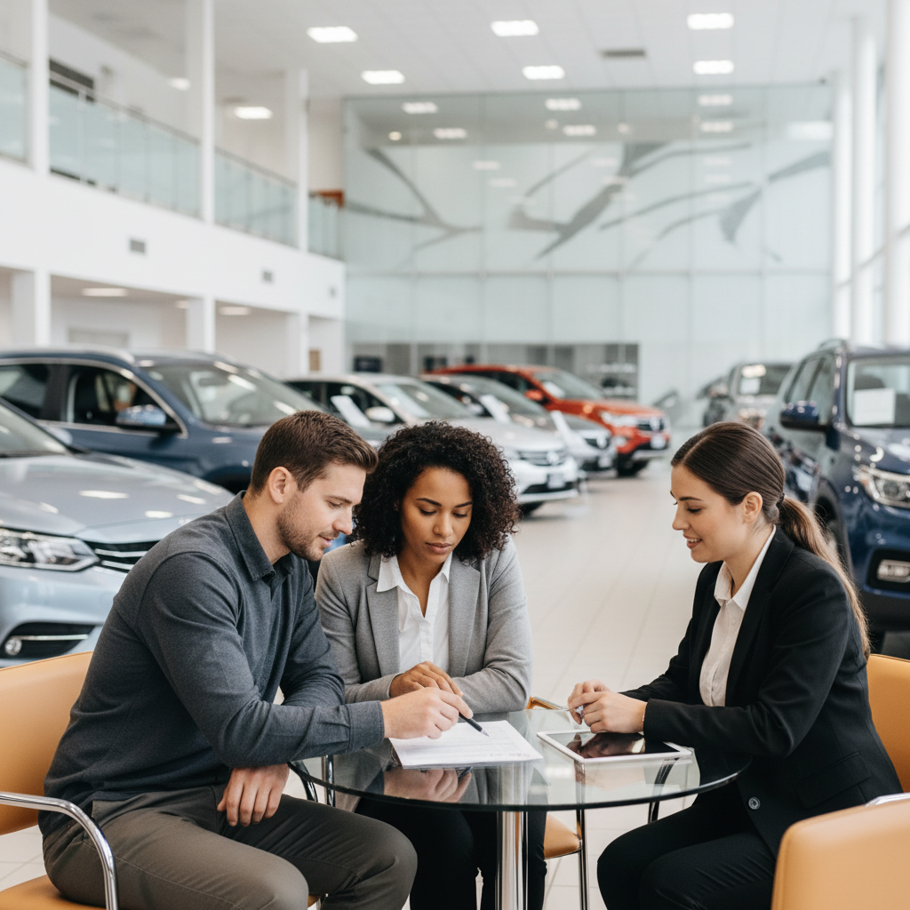 Couple reviewing a vehicle pricing sheet with a salesperson at a car dealership showroom in Canada