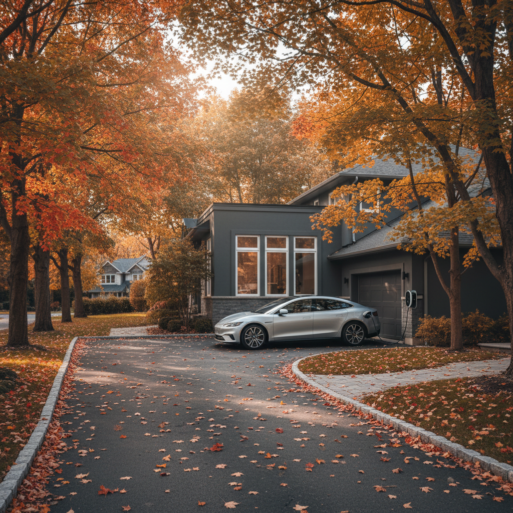 Modern electric car charging at a Canadian home charger beside autumn trees
