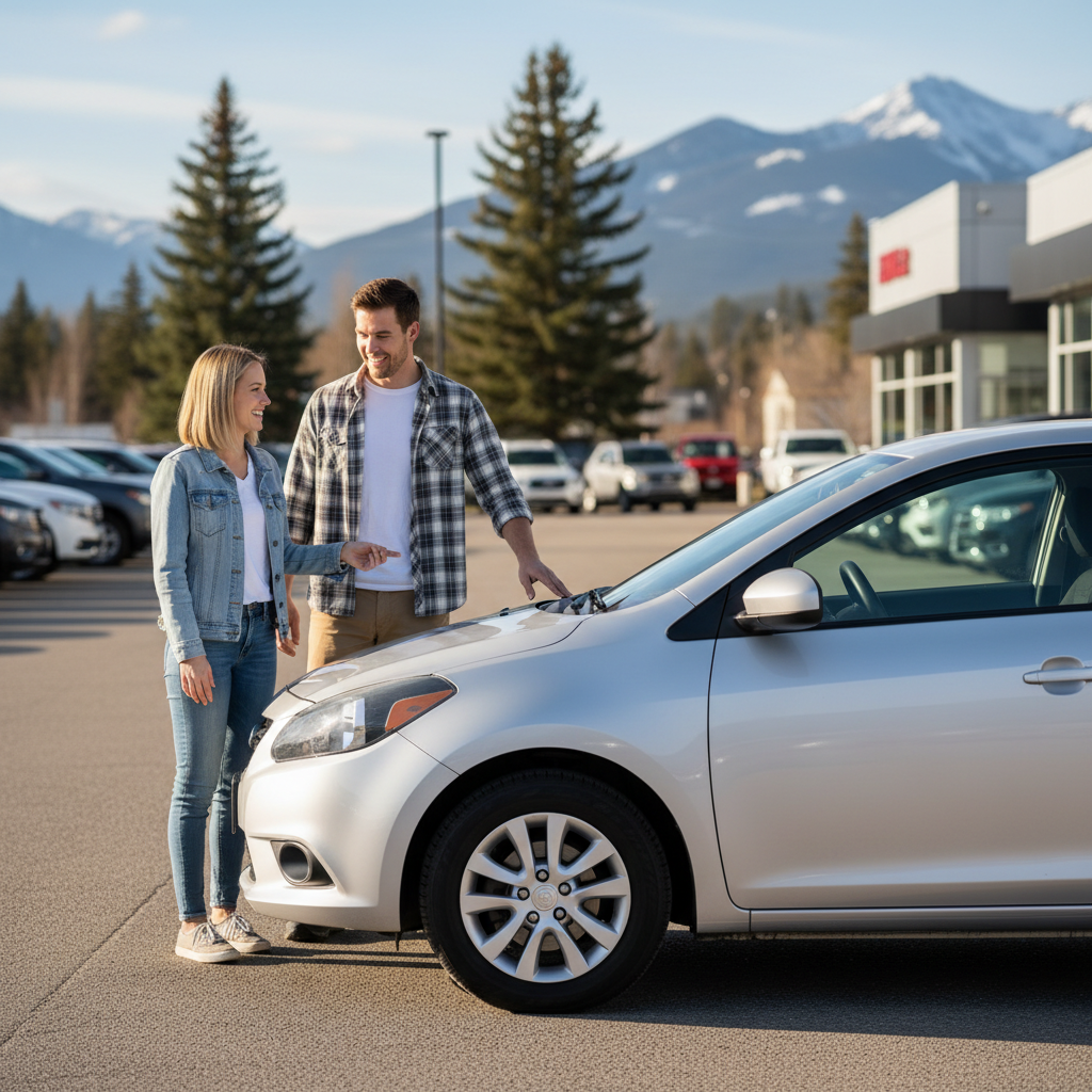 First-time buyers viewing a compact car on a sunny Canadian dealership lot