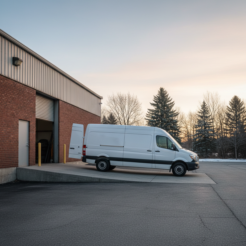 White cargo work van at a Canadian workshop loading bay in soft morning light