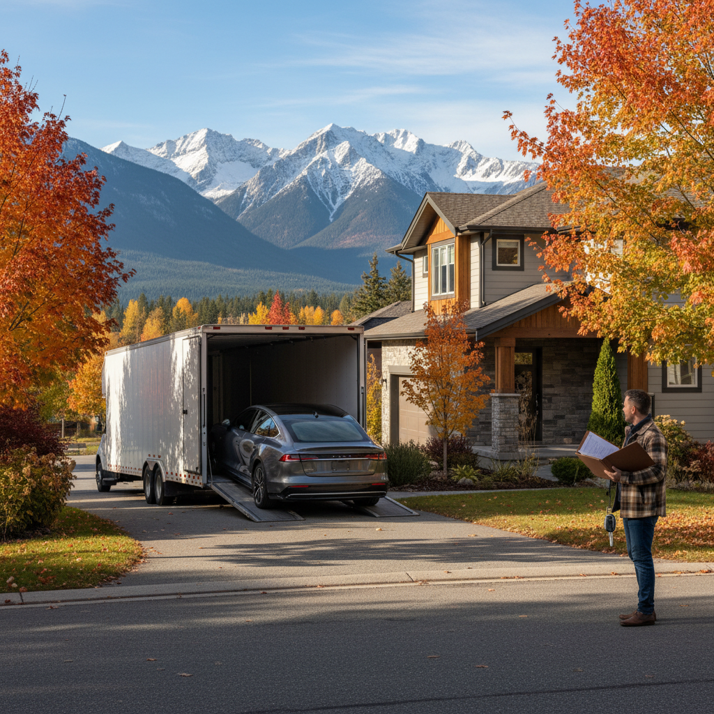 Car being unloaded from a hauler trailer at a home in western Canada after an out-of-province purchase