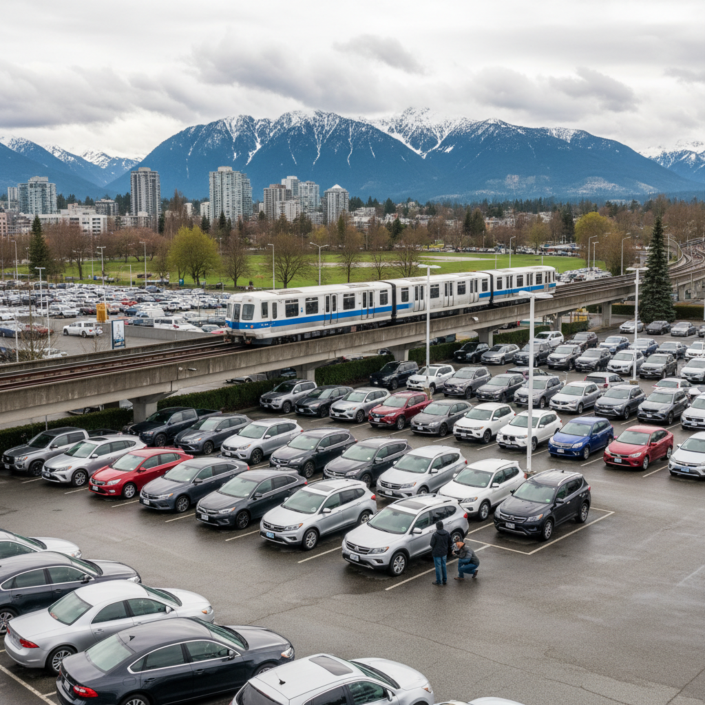 Car buyer looking at a used SUV at a Burnaby, BC dealership with the city skyline in the background