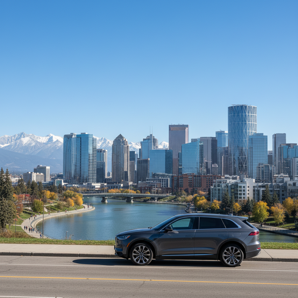 SUV parked on a Calgary street with the downtown skyline and Rocky Mountains in the background