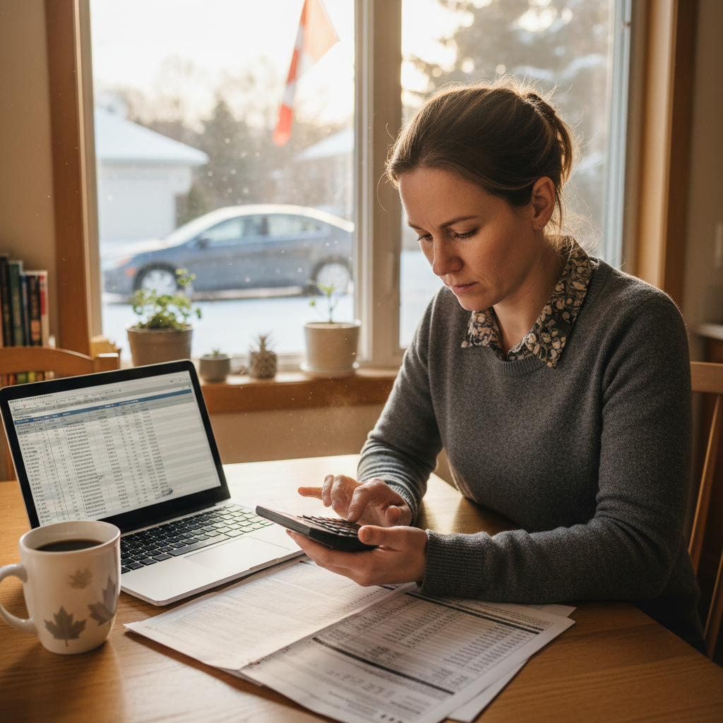Woman at her kitchen table in the morning reviewing a car loan statement with a calculator and laptop, a car visible in the driveway outside the window