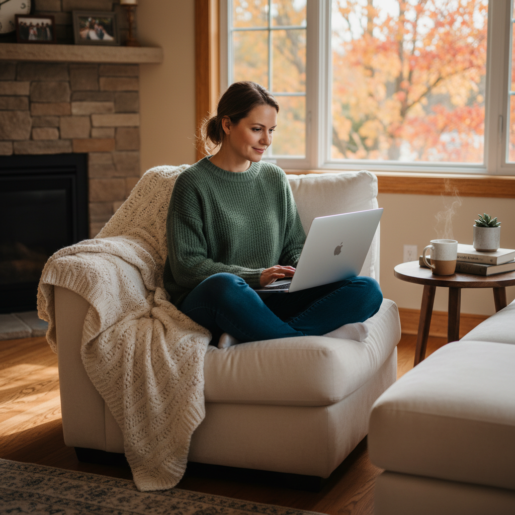 Woman sitting on a couch in a cozy Canadian living room using a laptop to apply for a car loan online