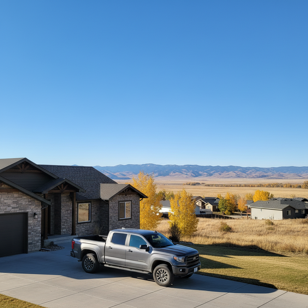 Pickup truck in a suburban driveway in a southern Alberta town with foothills on the horizon