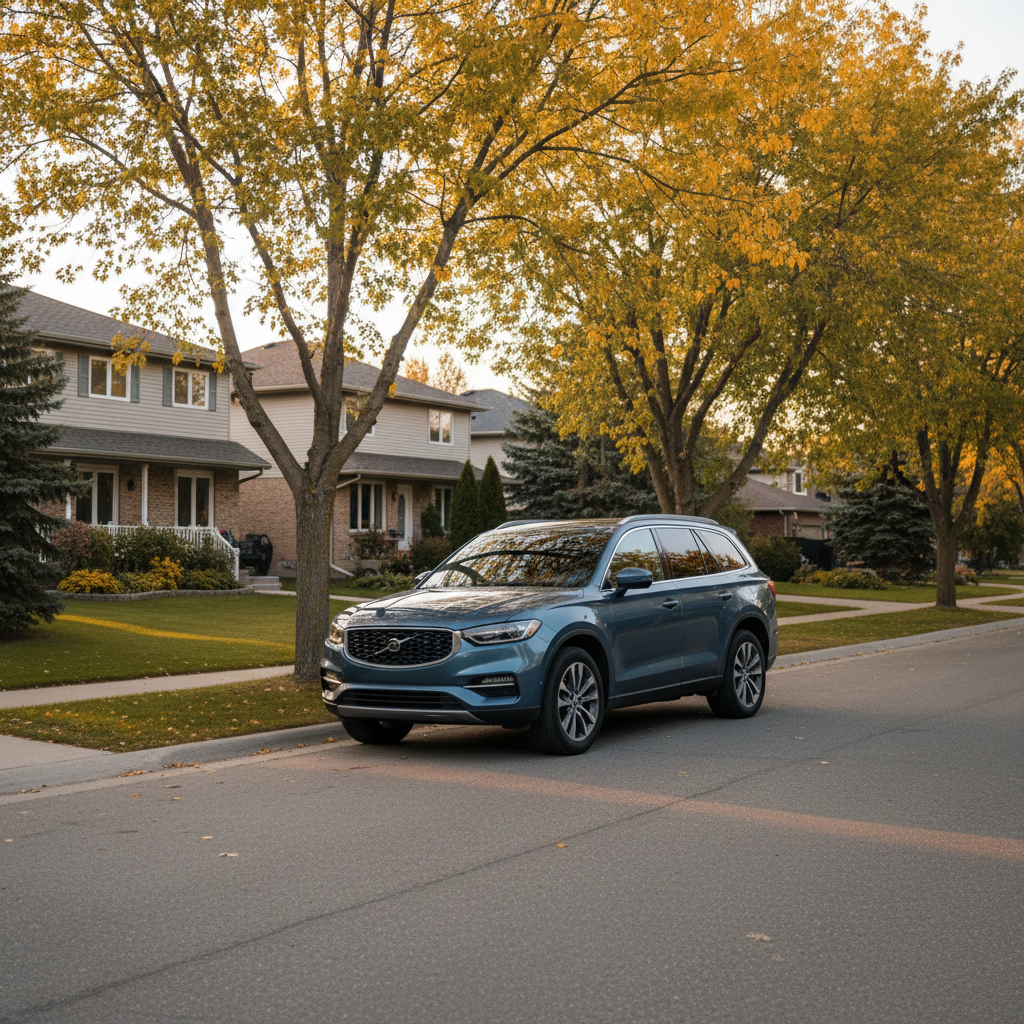 Family SUV parked on a tree-lined suburban street in St. Albert Alberta