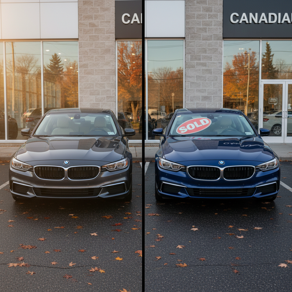Two similar cars parked side by side at a Canadian dealership, one leased and one purchased