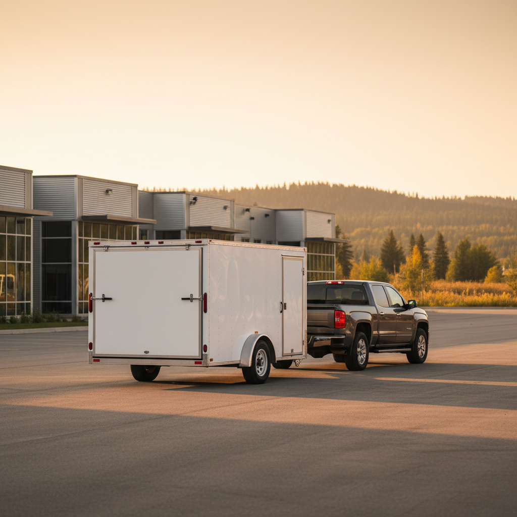 White enclosed cargo trailer hitched to a pickup truck in a Canadian industrial yard at golden hour