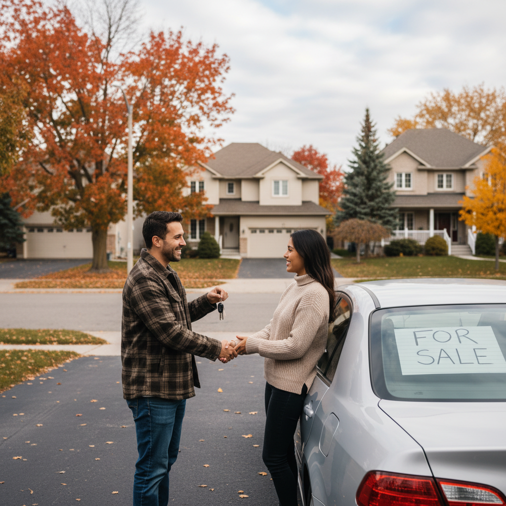 Two people shaking hands beside a car during a private sale in a driveway