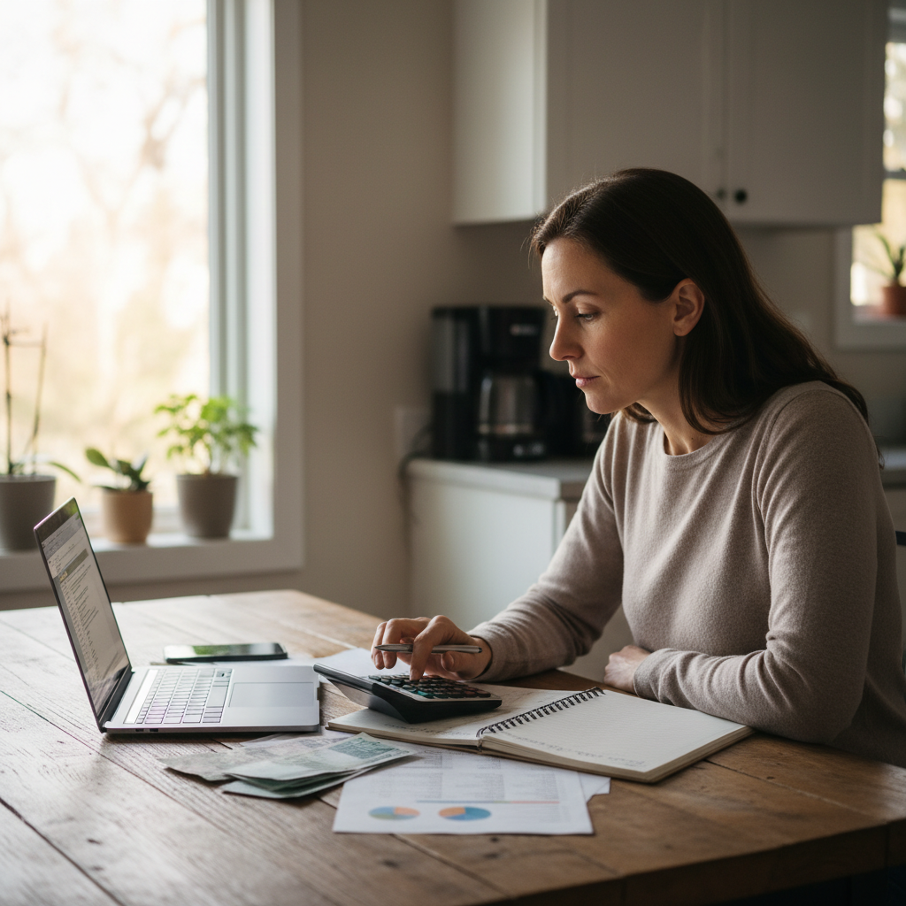 Woman sitting at her kitchen table in Canada reviewing bills and a laptop while calculating her debt-to-income ratio before applying for a car loan