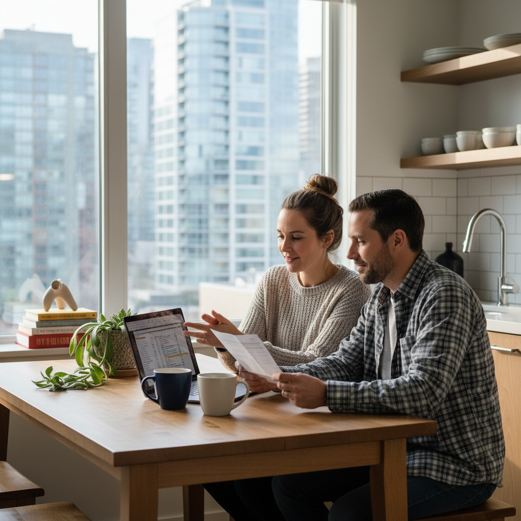 Couple reviewing a car loan statement and budget at a kitchen table