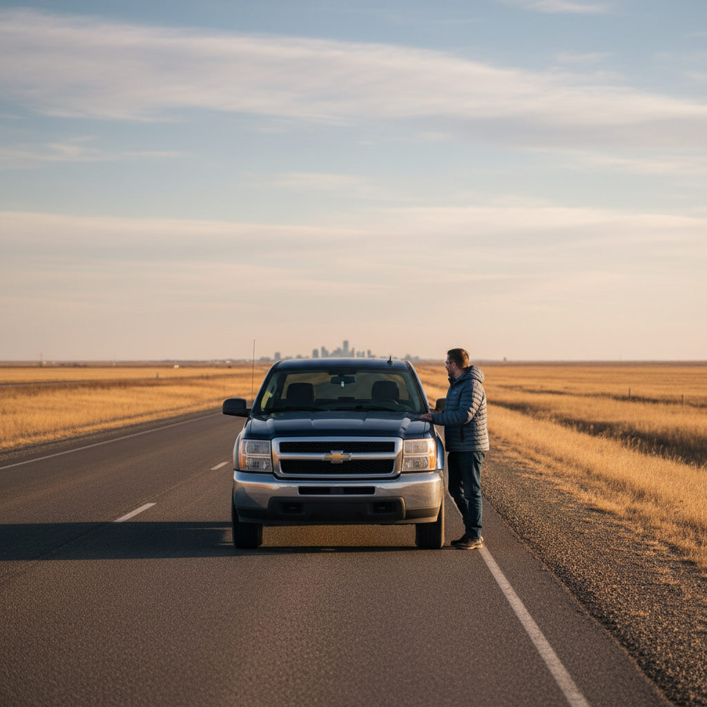 Person standing beside a pickup truck on a wide Alberta prairie highway near Edmonton, representing car loan financing for Edmonton drivers