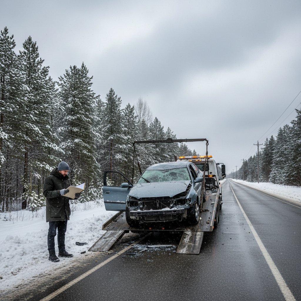 Totaled car being loaded onto a tow truck on a snowy road