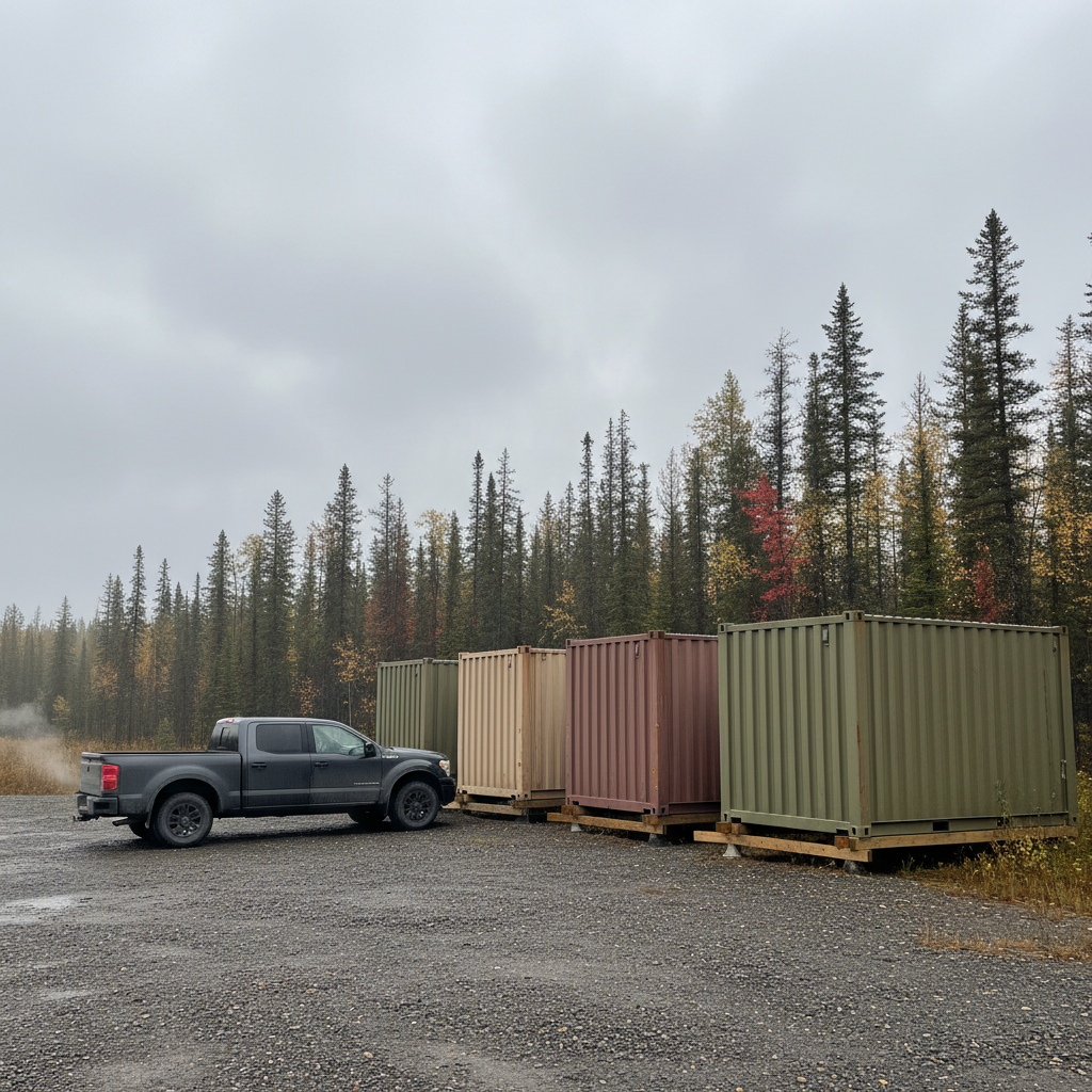 Pickup truck parked beside modular work-camp buildings in the boreal forest of northern Alberta