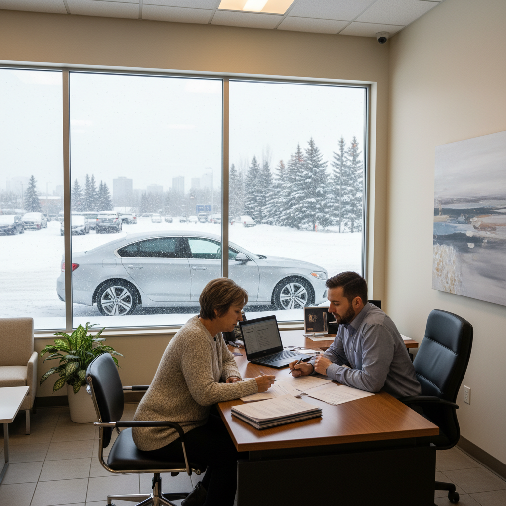 Customer and finance advisor reviewing car loan paperwork at an Edmonton dealership in winter