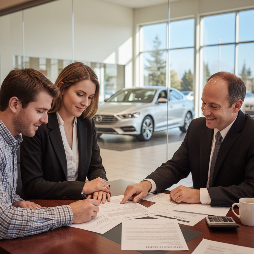 Young couple signing car loan paperwork with a finance manager at a Canadian dealership finance desk