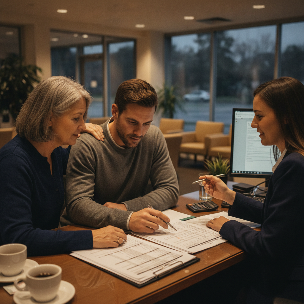 Two Canadian adults reviewing car loan paperwork together at a dealership finance desk
