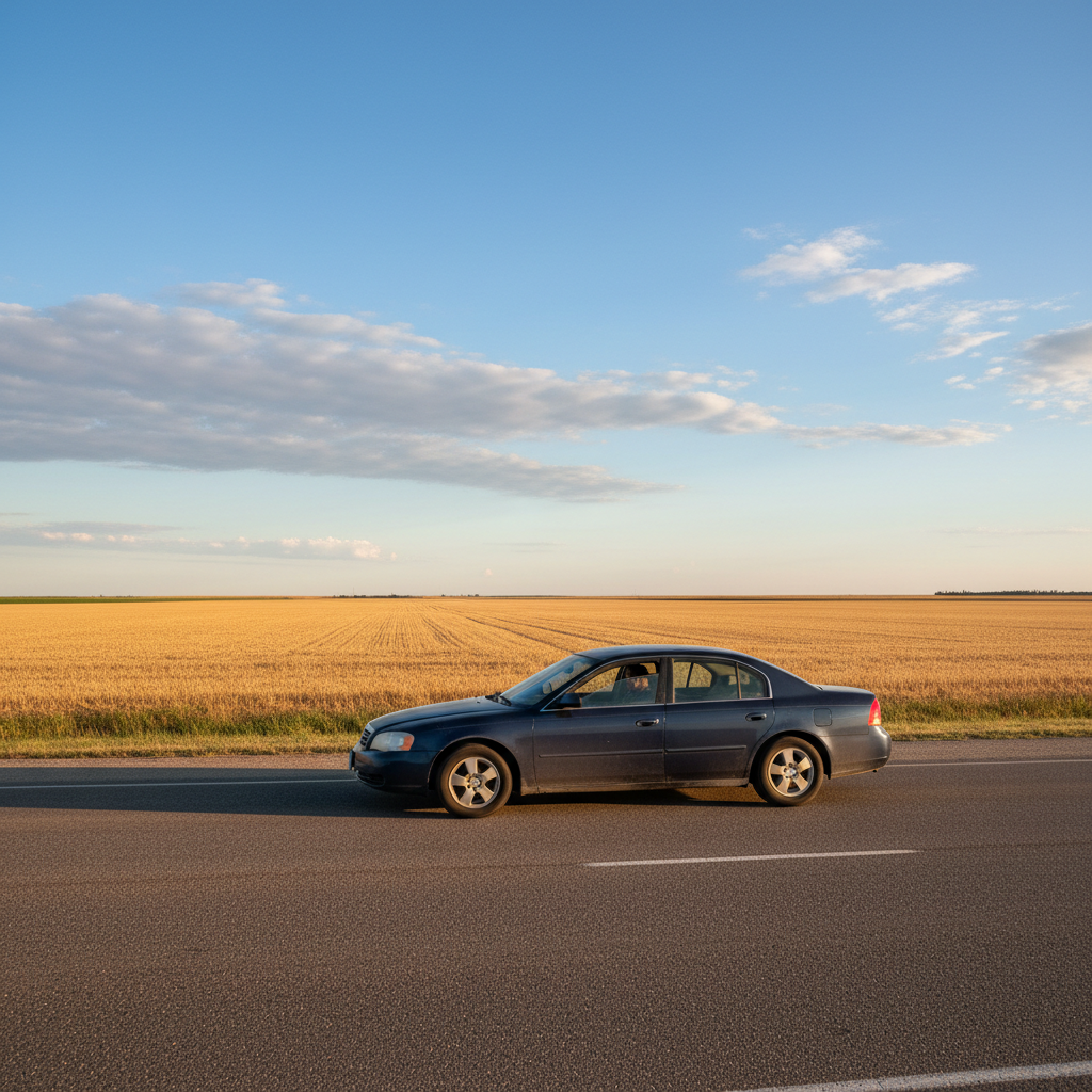 Sedan driving on a rural highway through harvested wheat fields in southeast Saskatchewan