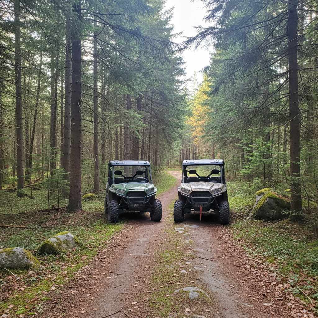 Side-by-side UTV on a forest trail in the Canadian outdoors