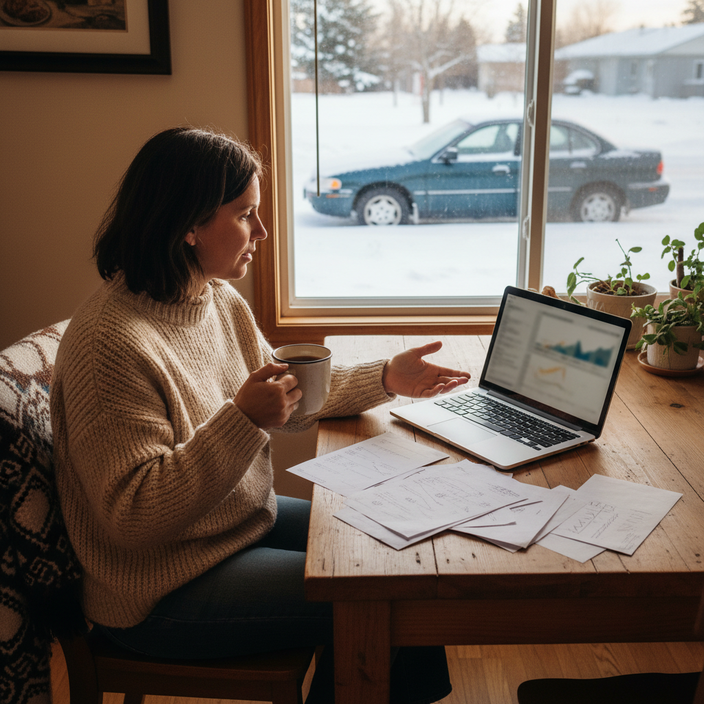 Person reviewing bills and a laptop at a kitchen table in a Canadian home with a sedan in a snowy driveway outside