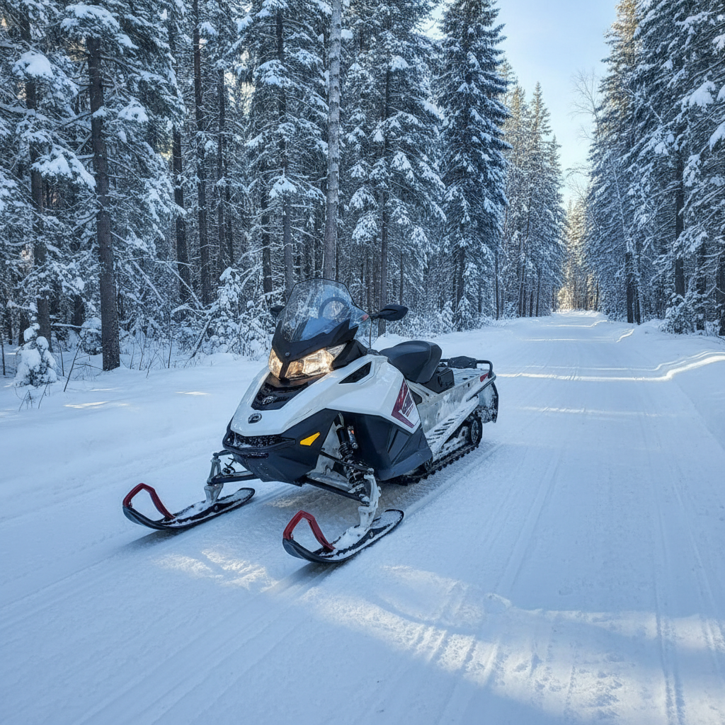 Snowmobile on a snowy trail through Canadian evergreen forest