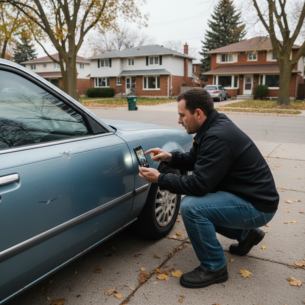 Buyer checking a used car's VIN plate for a lien before purchase in Canada