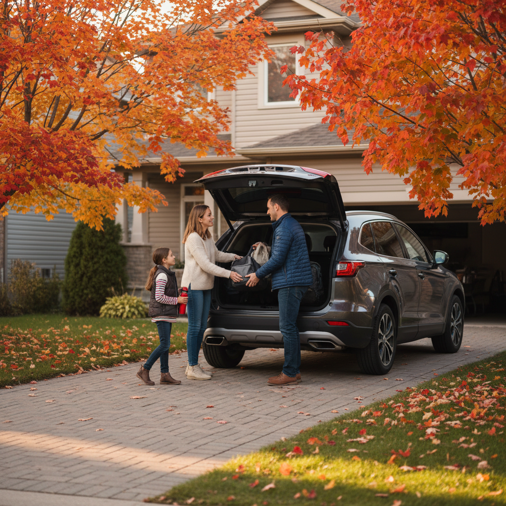 A family loading gear into the back of a mid-size SUV parked in a driveway lined with autumn maple trees in Canada