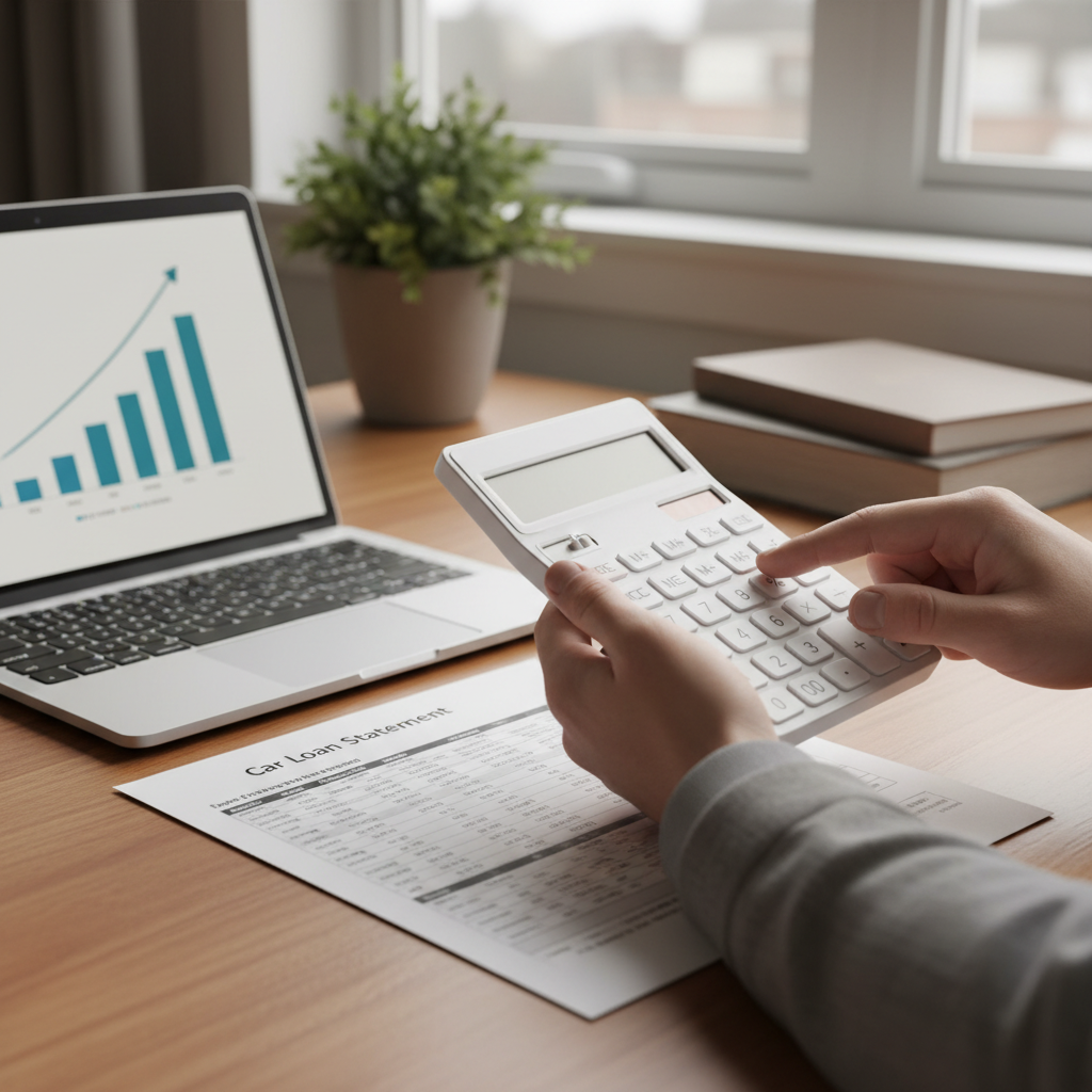 Person using a calculator to review a car loan statement on a desk