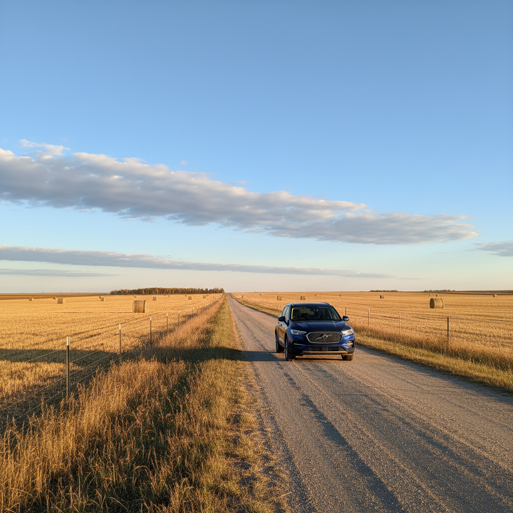 Dark blue SUV parked beside a country road on the Saskatchewan prairie with golden harvested fields