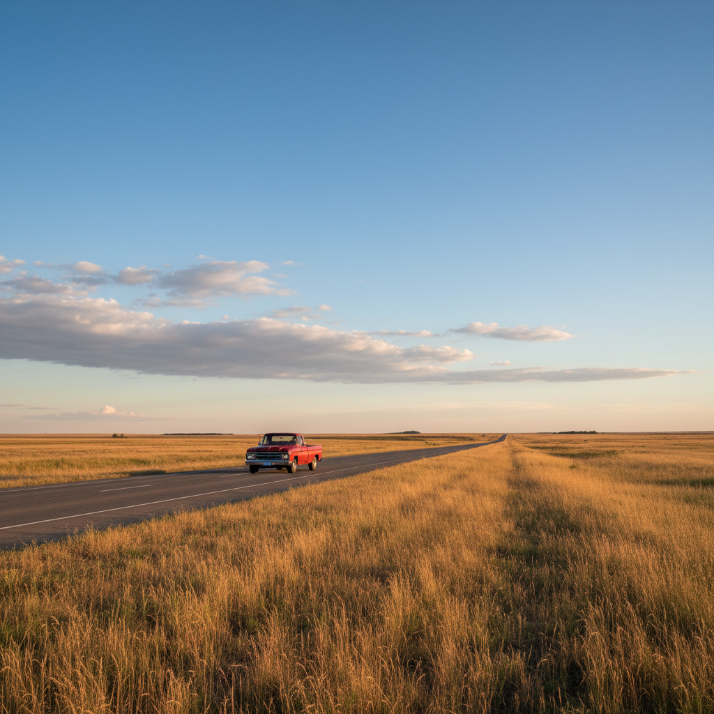 Pickup truck on a prairie highway near Brooks, Alberta