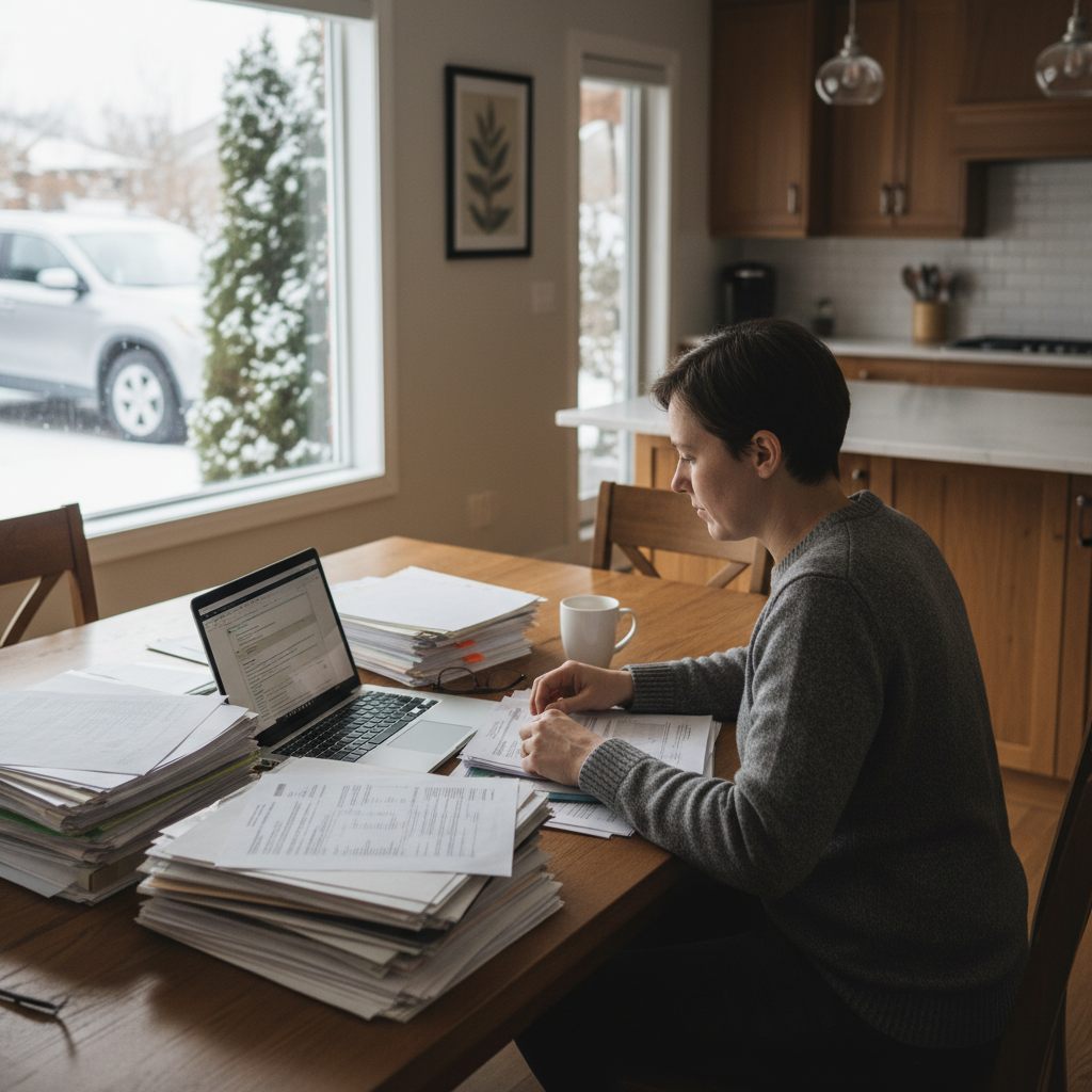 Person reviewing paperwork and a laptop at a kitchen table in a Canadian home