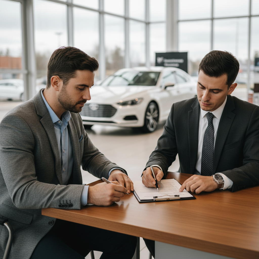 Customer reviewing car financing paperwork with a sales consultant at a dealership showroom desk in Canada