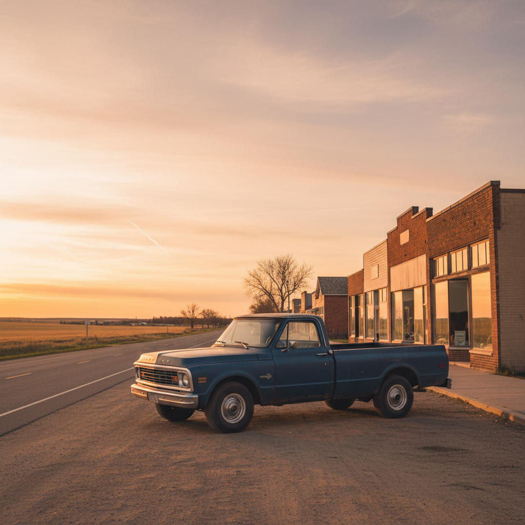 Pickup truck parked on a quiet prairie town street in North Battleford Saskatchewan
