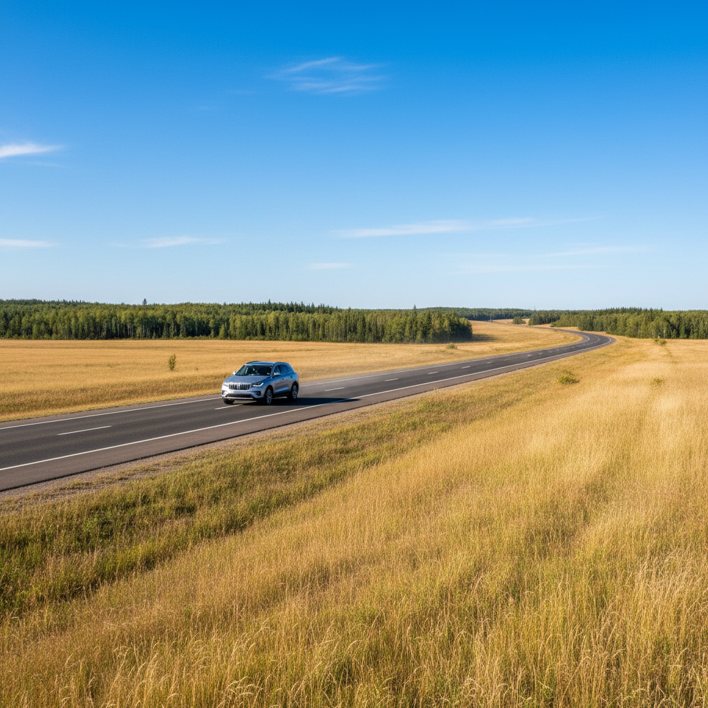 SUV on an open Alberta prairie highway under a wide blue sky