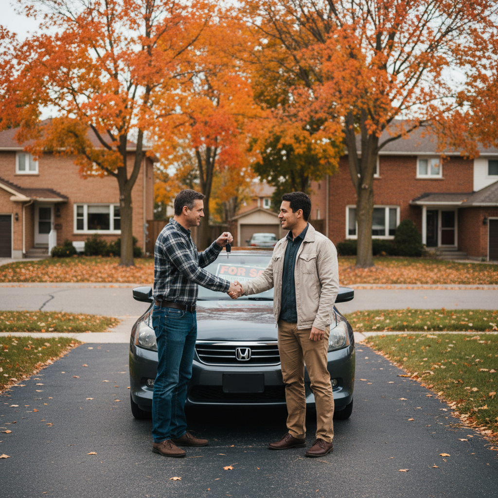 Buyer and seller exchanging car keys during a private used car sale in a driveway