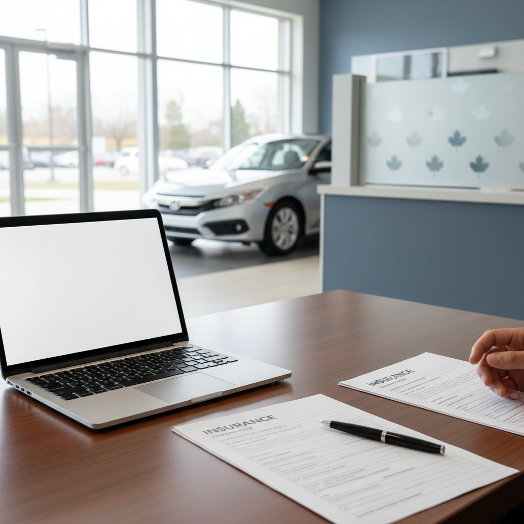 Car dealership finance office desk with insurance paperwork and a sedan visible through the showroom window