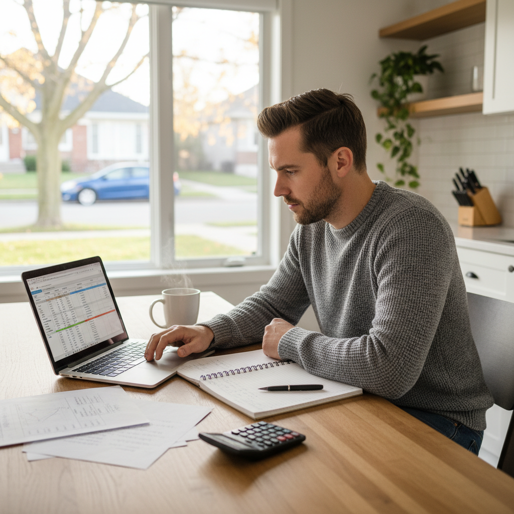 A person at a kitchen table budgeting for a car purchase on a laptop with a notebook and calculator, with a parked car visible through the window