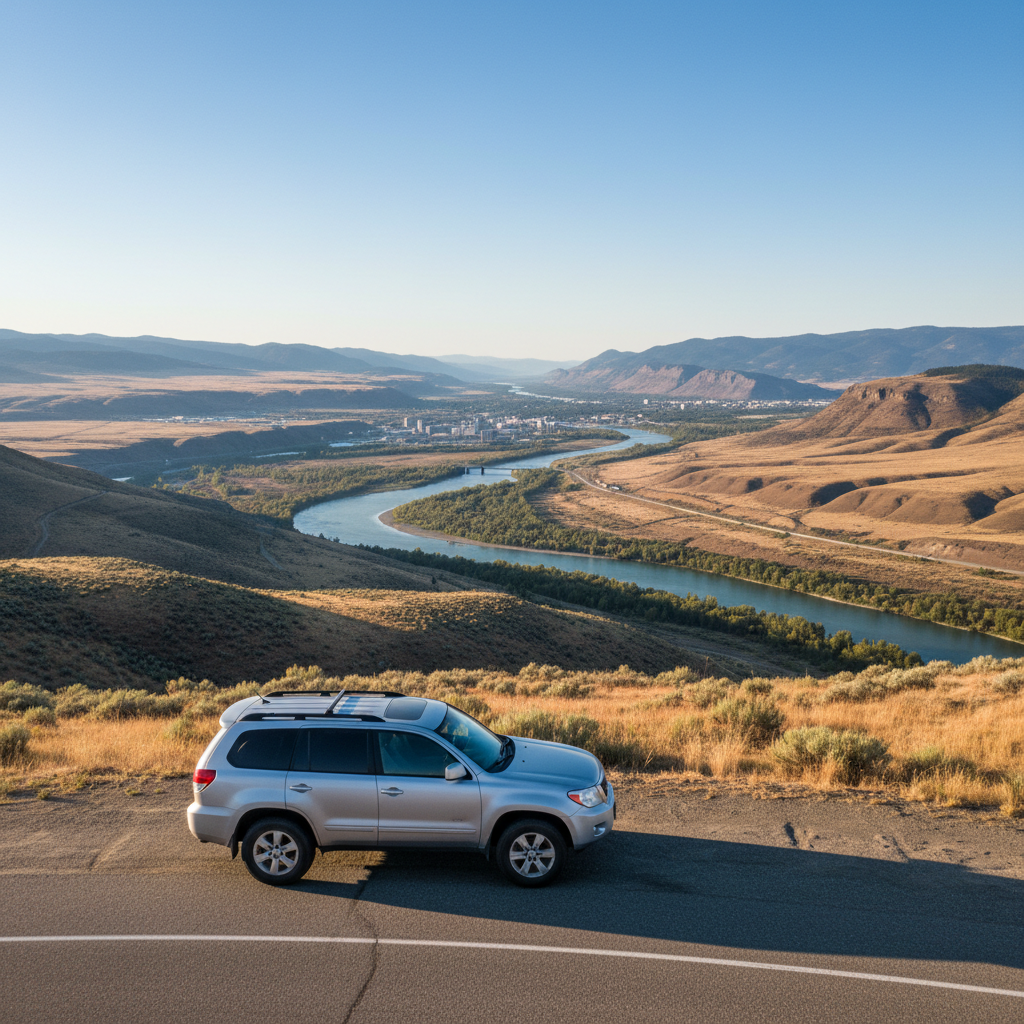 SUV parked on a scenic overlook above Kamloops, BC with the Thompson River valley and dry hills in the background