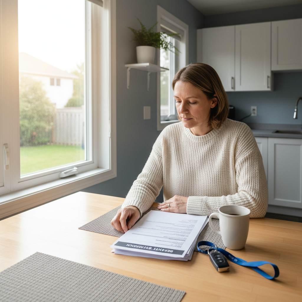 Adult at a Canadian kitchen table reviewing benefit paperwork beside car keys in morning light