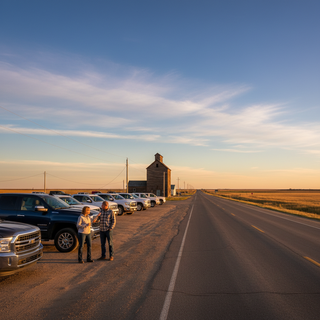 Couple looking at a truck at a small-town Saskatchewan dealership lot with a grain elevator in the distance