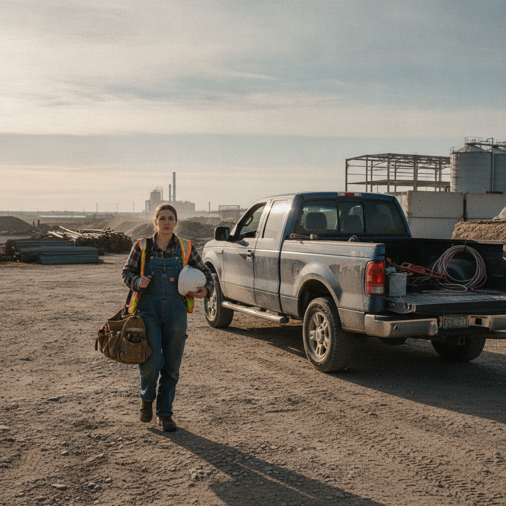 Trades apprentice with tool bag walking toward a used pickup in an industrial yard